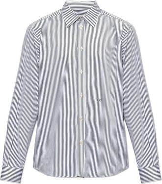 Valentino Garavani Camicia in Popeline di Cotone con Ricamo VLogo a Righe - - Shirts - Uomo - Bianco - L