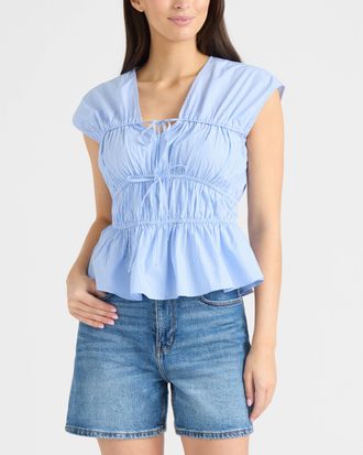 Ellen Tracy Womens Shirred Sleeveless Top with Front Ties