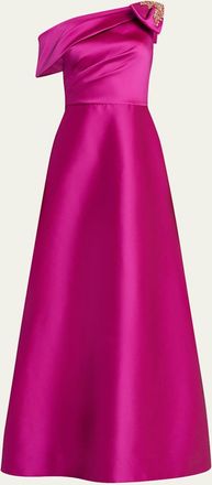 Teri Jon Draped One-Shoulder Bow Gown