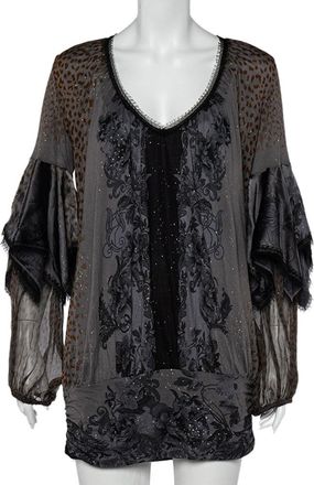Roberto Cavalli Grey Printed Jersey Overlay Sleeve Detailed Top