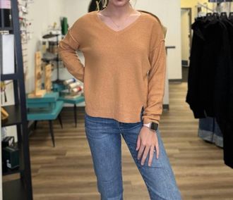 Staccato V-Neck Raw Edge Seam Pullover Sweater In Gold
