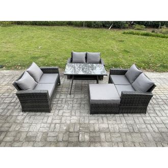 Fimous 7 Seater Rattan Wicker Garden Furniture Patio Conservatory Sofa Set with Rectangular Dining Table Love Seat Sofa Big Footstool Side Table - Fimous
