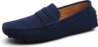 Generic Mens Loafers Genuine Leather Suede Vamp Penny Loafer Stitching Details Round Toe Lightweight Flexible Flat Heel Comfortable Prom Slip-on(Deep Blue,10.