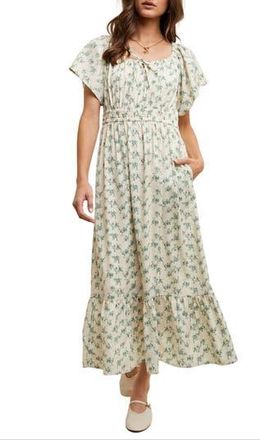 Wishlist Floral Flutter Sleeve Midi Dress in Cream/Green at Nordstrom Rack, Size Medium