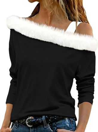 Generic Xmas Tops for Women Christmas Cold Shoulder Tops for Women Xmas Long Sleeve Off The Shoulder Shirts Sexy Santa Fur Trim Pullover Sweater Casual Loose 