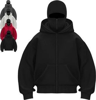 Generic Balaclava Ninja Zipper Hoodie With Built In Balaclava,Double Hoodie Jacket With Mask,Winter Hoodies For Unisex (Black-Zipper,3XL)