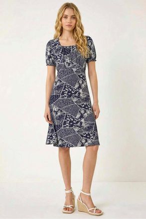 Roman Patch Print Gathered Stretch Dress