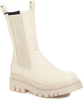 Generic Womens Pull on Mid-Calf Boots Block Heel Platform Short Boots Round Toe PU Leather Chelsea Boot,White,6.5 UK