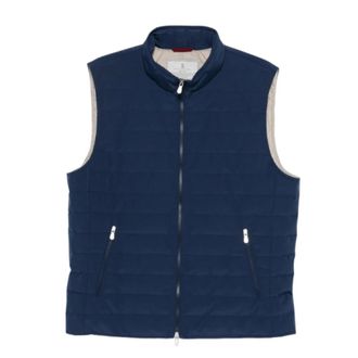 Brunello Cucinelli Gewatteerd Gilet met Hoge Kraag - Heren - Bodywarmers - Blauw - XL - Leer - Jassen