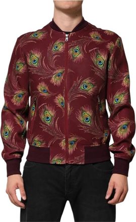 Dolce & Gabbana Maroon Peacock Feather Print Bomber Jacket - Heren - Bomber jackets - Veelkleurig - M - Jassen