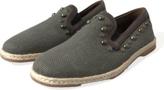 Dolce & Gabbana Mens Gray Linen Leather Studded Loafers Shoes