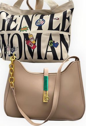 Generic Handbag Set, Beige Leather Shoulder Bag with Gold Chain and Canvas Tote