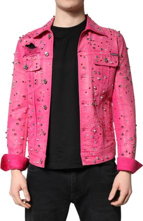 Dolce & Gabbana Mens Pink Denim Jacket Crystal Studded - Poppy Cotton - Size EU 46 (Mens)
