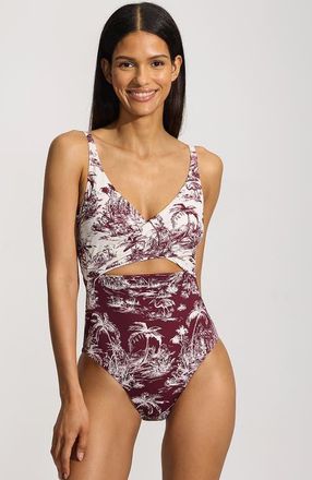 Lands End Wrap Monokini High Leg One Piece Swimsuit in Egret/burgundy Scenic Mix at Nordstrom, Size 14