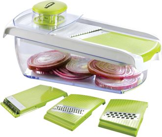 Brentwood Mandollin Slicer with 5 Cup Storage Container and 4 Interchangeable Stainless Steel Blades in Green