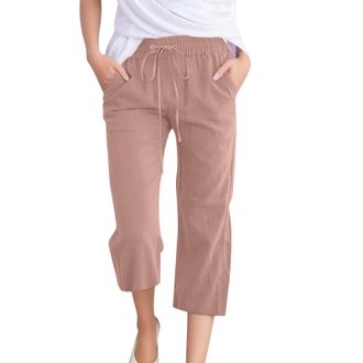 Generic Linen Cropped Trousers Womens 3/4 Short Leg Petite Wide Leg Trousers with Elasticated Waist Capri Pants Casual Solid Color Summer Loose Fit Beach Pant