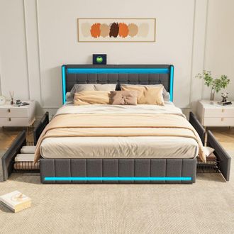 OEM Cama Lit - 160x200 Cm - Cabecera Led - 4 Cajones - Puertos Usb Integrados - Gris
