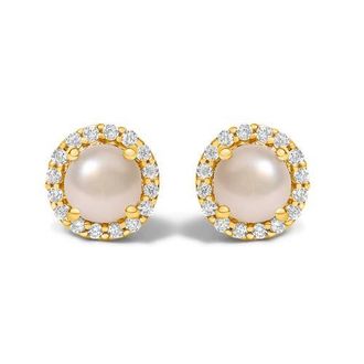 House of Brilliance 10K Gold Gemstone and 1/6 Cttw Diamond Halo Stud Earring in Yellow | Pearl at Nordstrom