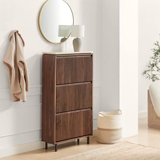 Furniturebox Penrose Walnut & Cream Marble Effect Shoe Storage Cabinet