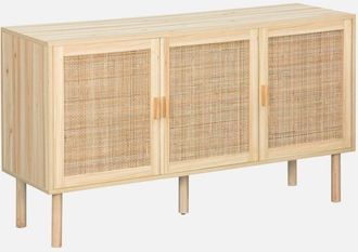 Sweeek Sweeek - Aparador de 3 puertas con mimbre y efecto madera, Camargue, Natural, 120x39x70 cm