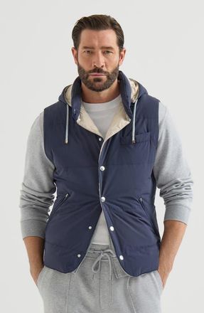 Brunello Cucinelli Bonded nylon down vest with detachable hood in Blue at Nordstrom, Size Xx-Large