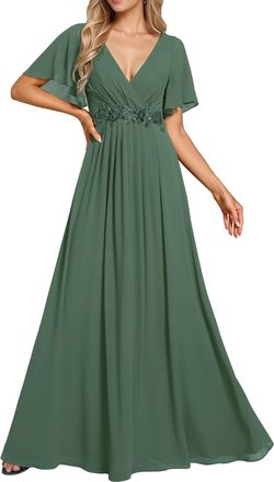 Ever-pretty Womens Chiffon V Neck Short Sleeves Appliques Prom Evening Dresses Eucalyptus 10UK