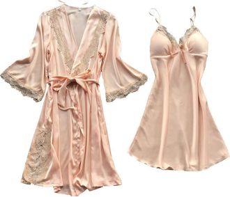 Generic Womens Pyjama Set 2 Piece Ladies Satin Silk Pyjamas Dressing Gown Floral Lace Trim Nightgown Slip Dress Kimono Robes Sexy Lightweight Nightdress V-Nec