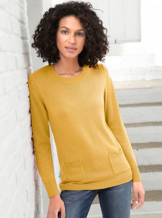 Casual Looks Rundhalspullover CASUAL LOOKS Pullover, Damen, Gr. 42, gelb (maisgelb), 50% Baumwolle, 50% Polyacryl, unifarben, figurumspielend, Pullover Rundhalspul