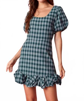 Peach Love California Plaid Puff Ruffle Open Back Mini Dress In Dark Hunter Green