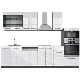 Vicco Mueble De Cocina Fame-line, Blanco Brillo/antracita, 300 Cm Con Armario Alto, Et M&aacute;rmol, Vicco