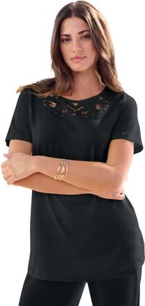 Roaman's Plus Size Eyelet Cutout Tee in Black at Nordstrom, Size Medium