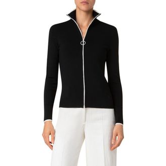 Akris Stretch Virgin Wool Zip Cardigan in Black-Cream at Nordstrom, Size 10