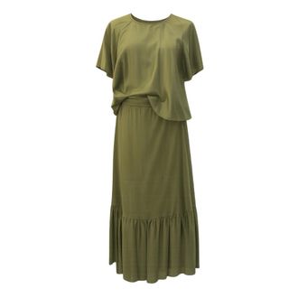 Kaos Maxi Dresses, female, Green, Size: XL Gonna con Balza Sotto Effetto Lino
