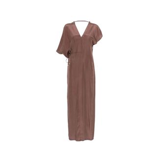 Alysi Maxi jurk met V-hals en trekkoord - Dames - Maxi kleedjes - Bruin - S - Kleedjes