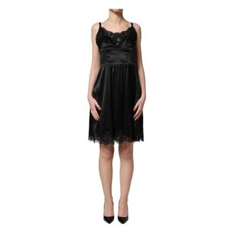 Dolce & Gabbana Short Dresses, female, Black, Size: 2XS Lace-trimmed Silk-blend Satin Mini Dress