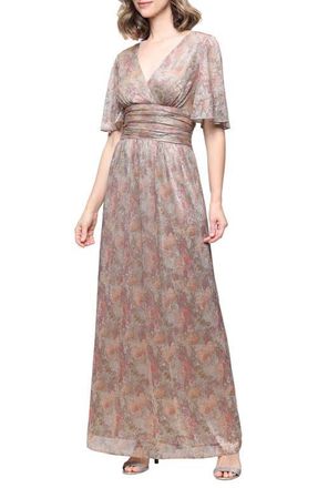 S.L. Fashions Metallic Floral Print A-Line Dress in Gold Multi at Nordstrom, Size 18