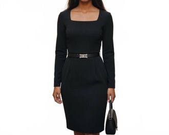 Halston Heritage Squareneck Long Sleeve Midi Dress In Black