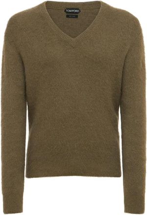 Tom Ford Olijfgroene trui met V-hals - Heren - V-hals truien - Bruin - S - Wol - Truien & Vesten