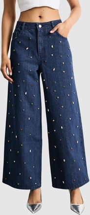 Warehouse Hotfix Embellished Wide Leg Jean in Indigo at Nordstrom, Size 8