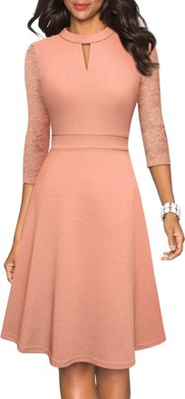 Homeyee Women Elegant Hollow Out Crew Neck 3/4 Sleeve Knee Length Swing Party Cocktail Dress A234 (XXL, Blush)