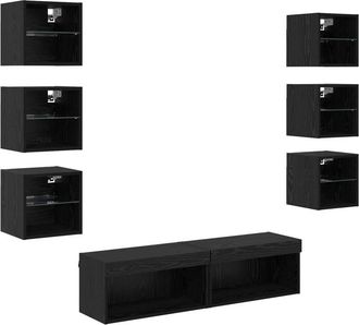 vidaXL Mueble De Tv Con Tira De Luces Led 8 Pcs Roble Negro Cristal Vidaxl
