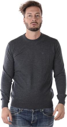 Emporio Armani Rondgebreide trui - Heren - Ronde hals truien - Grijs - 2XL - Wol - Truien & Vesten