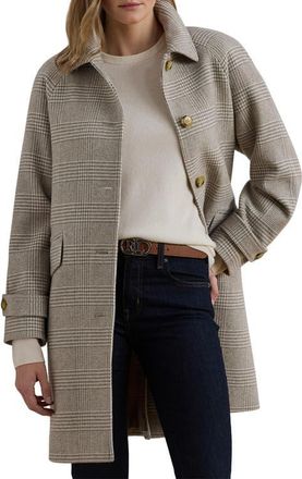Lauren Ralph Lauren Plaid Longline Wool Blend Coat in Camel/Cream Plaid at Nordstrom, Size 18
