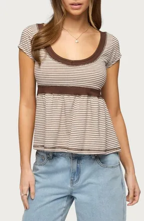 Edikted Sady Contrast Stripe Babydoll Top in Brown at Nordstrom, Size X-Small