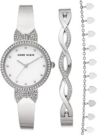 Anne Klein Quartz Crystal White Dial Ladies Watch and Bracelet Set AK-3362SVST