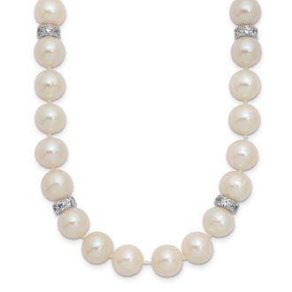 Diamond2Deal Sterling Silver 9mm Near-Round Cultured Pearl and Cubic Zirconia Necklace 18