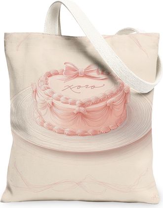 Generic Cake Design Canvas Tote Bags, Sweet Dessert Illustration Reusable Shopping Bags, Vintage Lightweight Washable Canvas for Da, Peach, 13x15 Inch