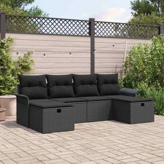 vidaXL Conjunto De Sof&aacute; De Jard&iacute;n Con Coj&iacute;n 6 Pcs Negro Polirat&aacute;n