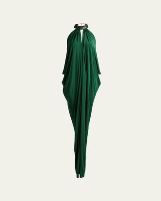 Silvia Tcherassi Niagara Draped Leather-Trim Halter Maxi Dress