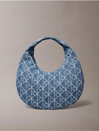 Calvin Klein Womens Allover Emblem Logo Denim Hobo Bag - Blue